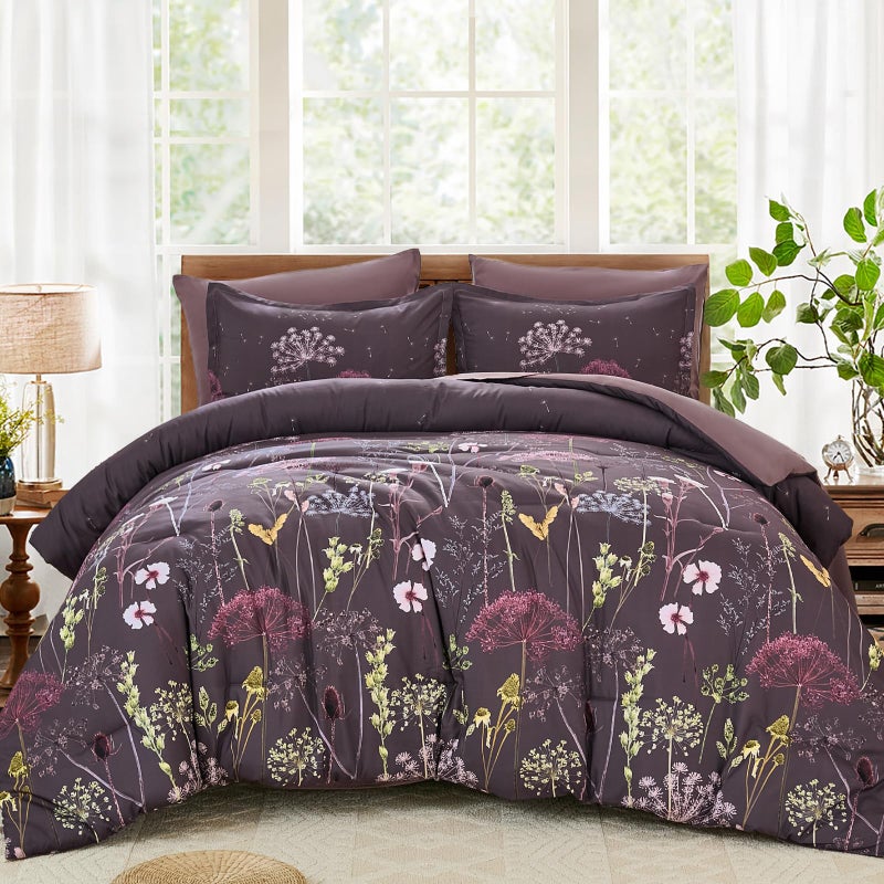 Yiran Purple Comforter Set King Size, 7 Piece Floral Dandelion Comforter Bedding Set, Botanical Bed in a Bag King, Soft Microfiber Complete Bedding Set with Sheets for All Season - Image 1