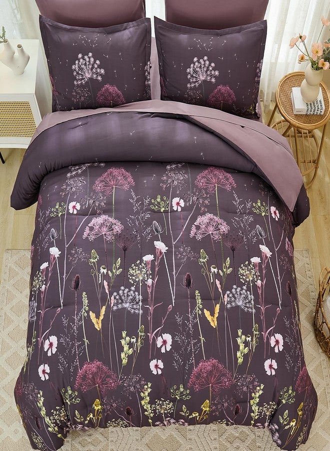 Yiran Purple Comforter Set King Size, 7 Piece Floral Dandelion Comforter Bedding Set, Botanical Bed in a Bag King, Soft Microfiber Complete Bedding Set with Sheets for All Season - Image 3