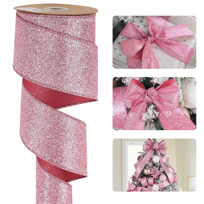 HUIHUANG Pink Christmas Ribbon 212 Sparkle Metallic Glitter Wired Ribbon for Tree Bows Making Wreath Supplies Gift Wrapping Garland Home Decor Crafts 10 Yards