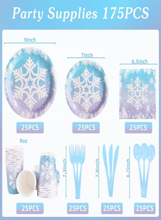LOOWVY 175PCS Snowflake Frozen Birthday Party Supplies, Winter Frozen Plates and Napkins Sets, Disposable Frozen Paper Plates for Birthday Holiday Princess Theme Party Decorations, Serves 25 - Image 2