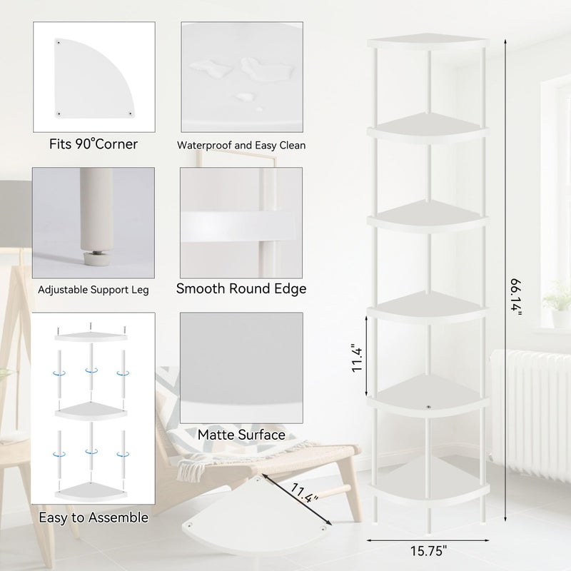 Qupui 6 Tier Corner Shelf Stand, 66â€ Tall Corner Bookshelf Multipurpose Shelving Unit, Plant Stand Display Rack Home Organizer Shelves for Bedroom Living Room, White - Image 2