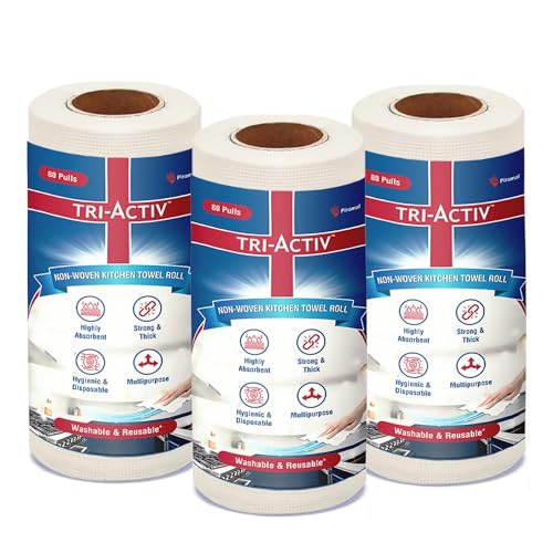 Tri-Activ Washable & Reusable Kitchen Towel Roll | 80 Pulls per Roll, 240 Sheets Pack of 3 | Highly Absorbent Kitchen Tissue Roll | Non Woven Fabric | Better alternative to Paper Tissue Roll | White - Image 1