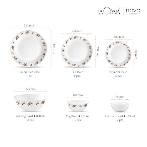 La Opala Novo Collection Opal Glass Crockery | for Family of 6 | Dinner Set 23 pcs Petite Roses | Plates & Bowls for Dining | Microwave Safe | 100% Vegetarian | Extra Strong | Light & White - Image 3
