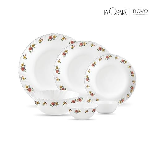 La Opala Novo Collection Opal Glass Crockery | for Family of 6 | Dinner Set 23 pcs Petite Roses | Plates & Bowls for Dining | Microwave Safe | 100% Vegetarian | Extra Strong | Light & White - Image 2