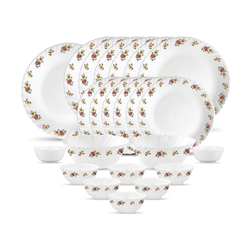 La Opala Novo Collection Opal Glass Crockery | for Family of 6 | Dinner Set 23 pcs Petite Roses | Plates & Bowls for Dining | Microwave Safe | 100% Vegetarian | Extra Strong | Light & White - Image 1