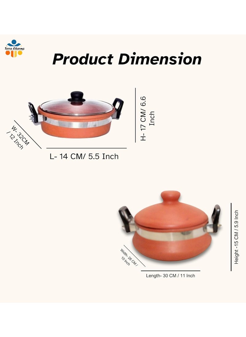 Terra Charms Terra Charms Terracotta Clay Kadai with Handi Combo Set Healthy Cooking Terracotta Kadai 15LTR Organic Earthen Cookware Clay Kadai with Frypan Cookware Organic Mitti Pack of 2  - Image 3