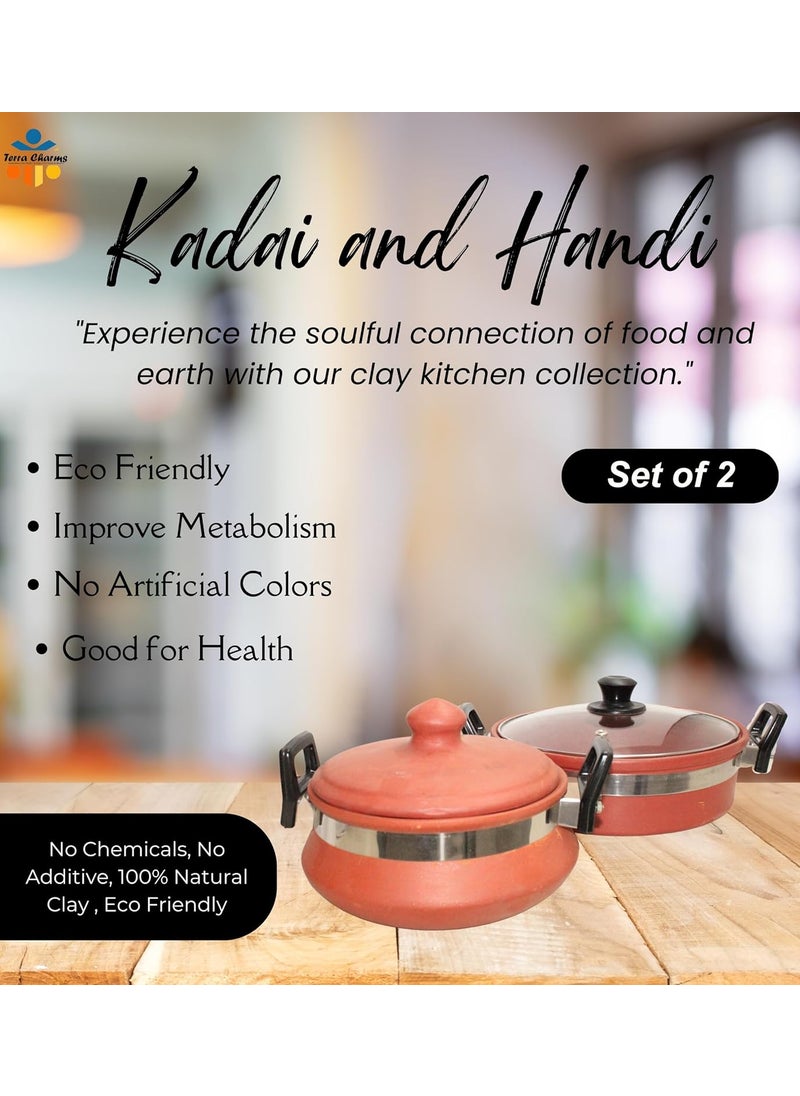 Terra Charms Terra Charms Terracotta Clay Kadai with Handi Combo Set Healthy Cooking Terracotta Kadai 15LTR Organic Earthen Cookware Clay Kadai with Frypan Cookware Organic Mitti Pack of 2  - Image 2
