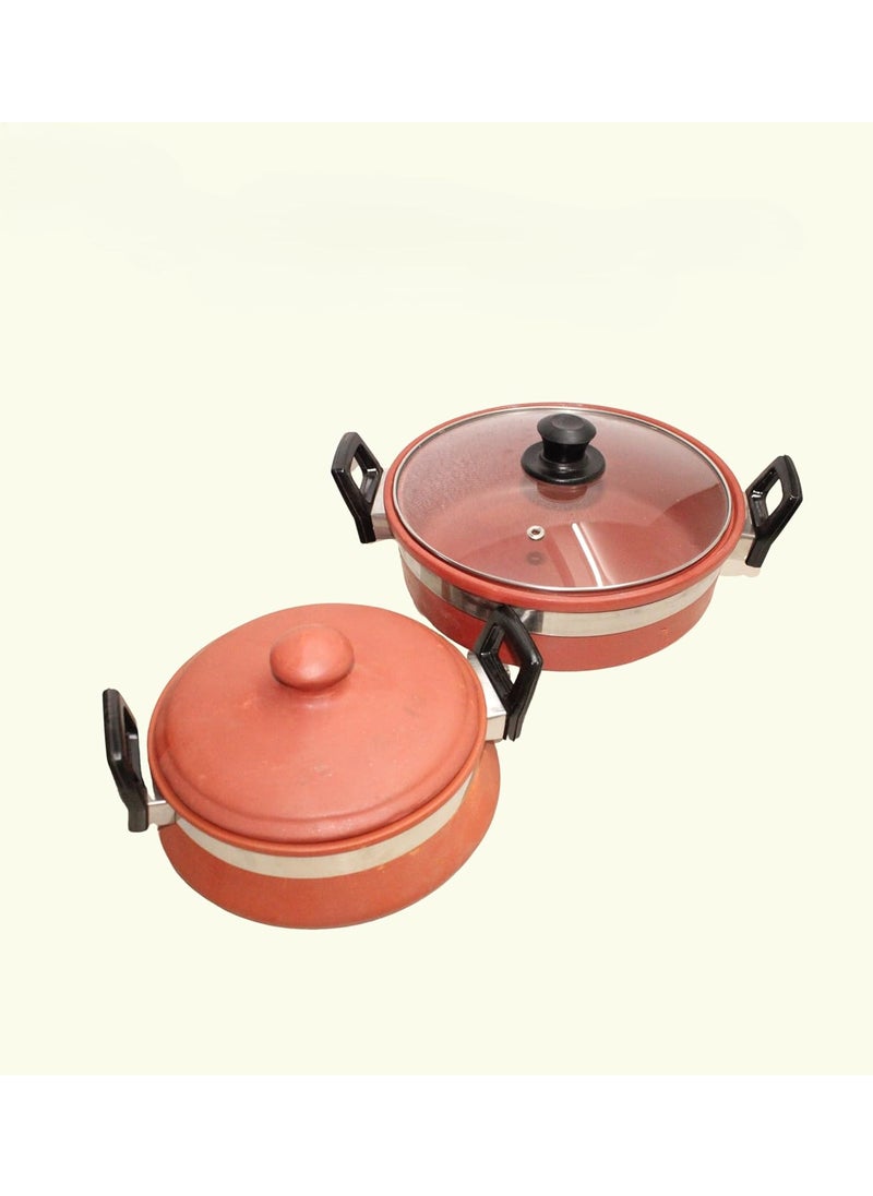 Terra Charms Terra Charms Terracotta Clay Kadai with Handi Combo Set Healthy Cooking Terracotta Kadai 15LTR Organic Earthen Cookware Clay Kadai with Frypan Cookware Organic Mitti Pack of 2  - Image 1