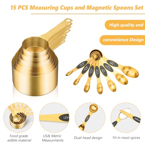 Foyucool Magnetic Measuring Spoons and Cups Set of 15, Including 7 Magnetic Gold Measuring Spoons with 1 Leveler, 7 Stainless Steel Heavy Duty Gold Measuring Cups, Ideal for Cooking & Baking - Image 3