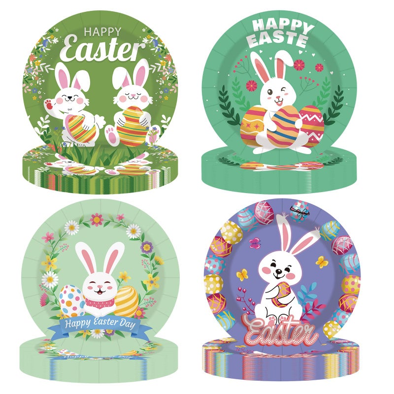 EVYIENEN 48 pcs Happy Easter Paper Plates 7Inch Dessert Plates Decorative Spring Bunny Egg Dinnerware Tableware for Easter Kids Adult Party Supplies Decorations(4 Designs) - Image 1