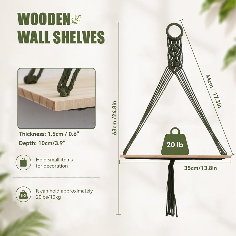 Artilady Macrame Wall Hanging Shelf, Green Wall Decor, Bedroom Storage | 2 Pack Plant Shelf, Crystal Candle Holder for Small Space, Stable Adjustable Length, Rustic Bedroom Living Room Decor - Image 2
