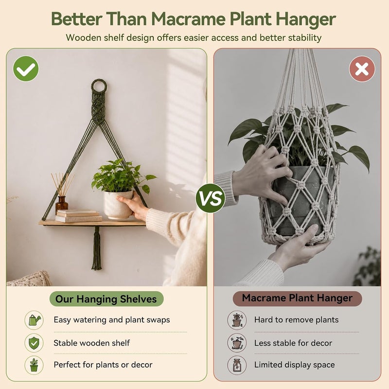 Artilady Macrame Wall Hanging Shelf, Green Wall Decor, Bedroom Storage | 2 Pack Plant Shelf, Crystal Candle Holder for Small Space, Stable Adjustable Length, Rustic Bedroom Living Room Decor - Image 5