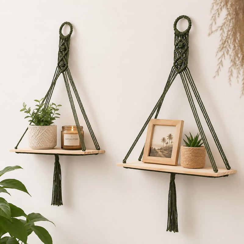 Artilady Macrame Wall Hanging Shelf, Green Wall Decor, Bedroom Storage | 2 Pack Plant Shelf, Crystal Candle Holder for Small Space, Stable Adjustable Length, Rustic Bedroom Living Room Decor - Image 1