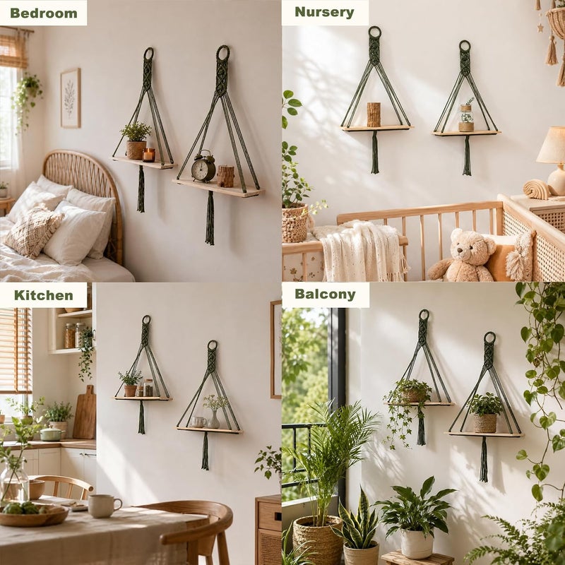 Artilady Macrame Wall Hanging Shelf, Green Wall Decor, Bedroom Storage | 2 Pack Plant Shelf, Crystal Candle Holder for Small Space, Stable Adjustable Length, Rustic Bedroom Living Room Decor - Image 3