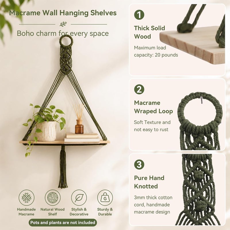 Artilady Macrame Wall Hanging Shelf, Green Wall Decor, Bedroom Storage | 2 Pack Plant Shelf, Crystal Candle Holder for Small Space, Stable Adjustable Length, Rustic Bedroom Living Room Decor - Image 4