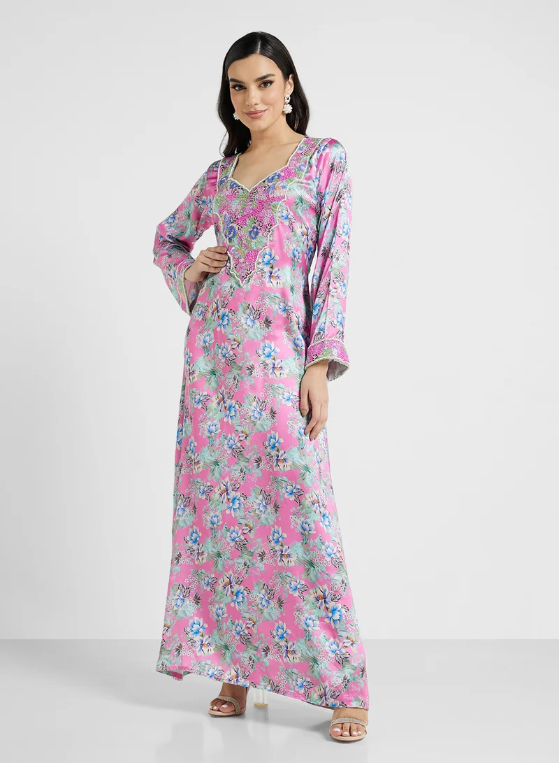 ARABIAN CLOSET Embellished Belted Jalabiya