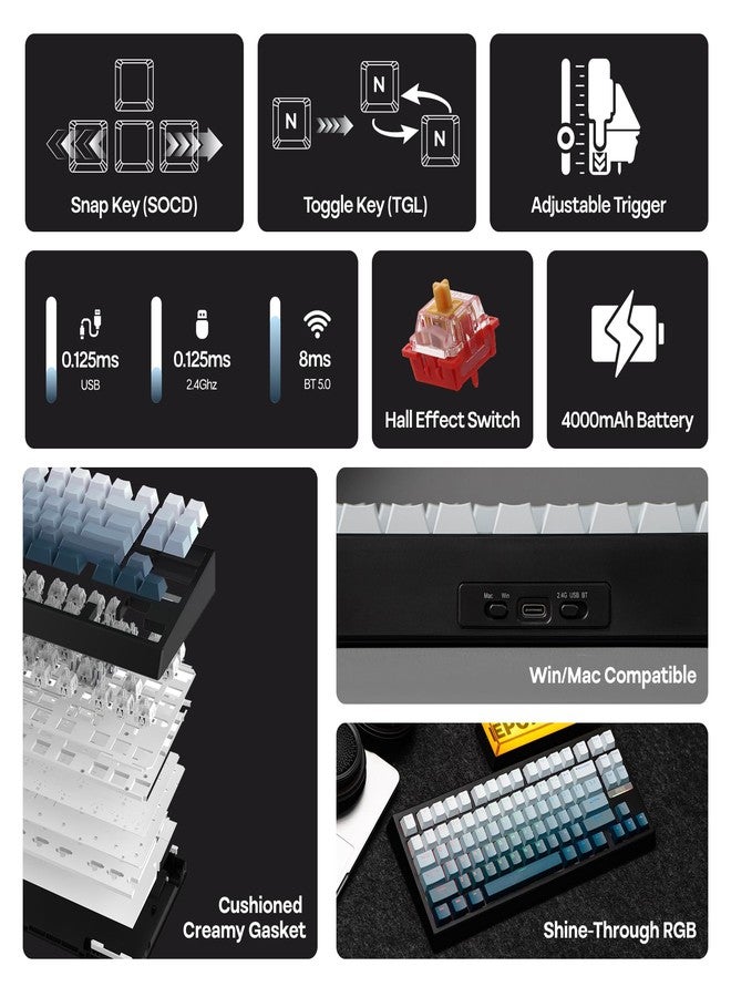 ابوماكر لوحة مفاتيح EPOMAKER G84 HE اللاسلكية بتقنية تأثير هول، معدل استجابة 8K وبطارية 8000 مللي أمبير، تدعم SOCD وDKS، لوحة مفاتيح للألعاب مع استجابة سريعة وقابلة للتعديل، إضاءة خلفية RGB، أغطية مفاتيح PBT، قابلة للتبديل السريع، متوافقة مع ويندوز/ماك (أسود) - Image 3