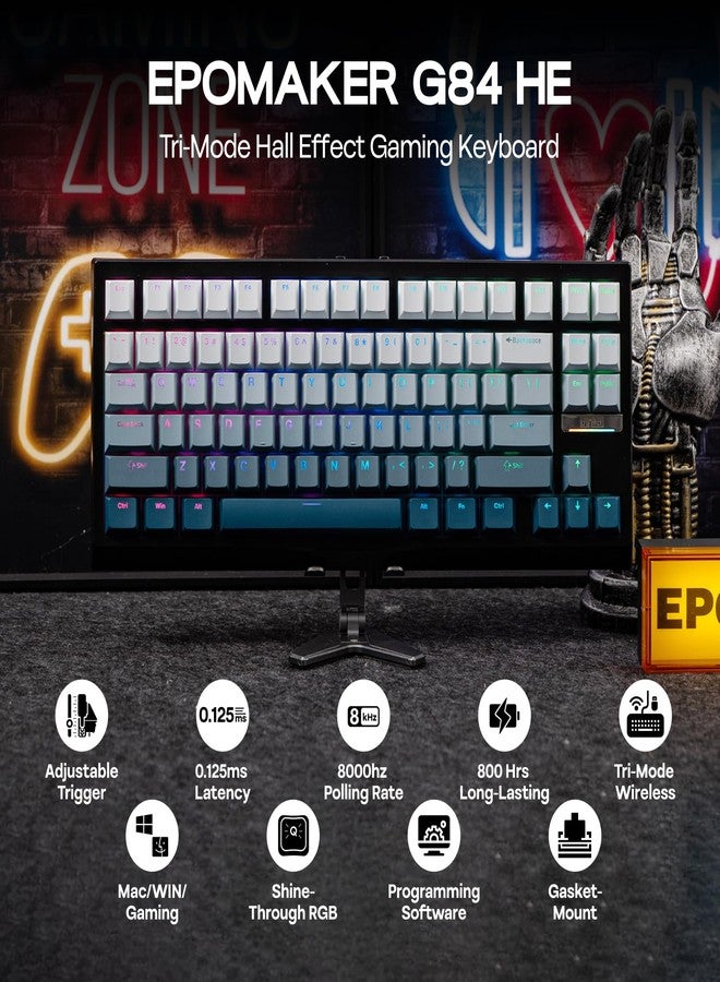 ابوماكر لوحة مفاتيح EPOMAKER G84 HE اللاسلكية بتقنية تأثير هول، معدل استجابة 8K وبطارية 8000 مللي أمبير، تدعم SOCD وDKS، لوحة مفاتيح للألعاب مع استجابة سريعة وقابلة للتعديل، إضاءة خلفية RGB، أغطية مفاتيح PBT، قابلة للتبديل السريع، متوافقة مع ويندوز/ماك (أسود) - Image 2