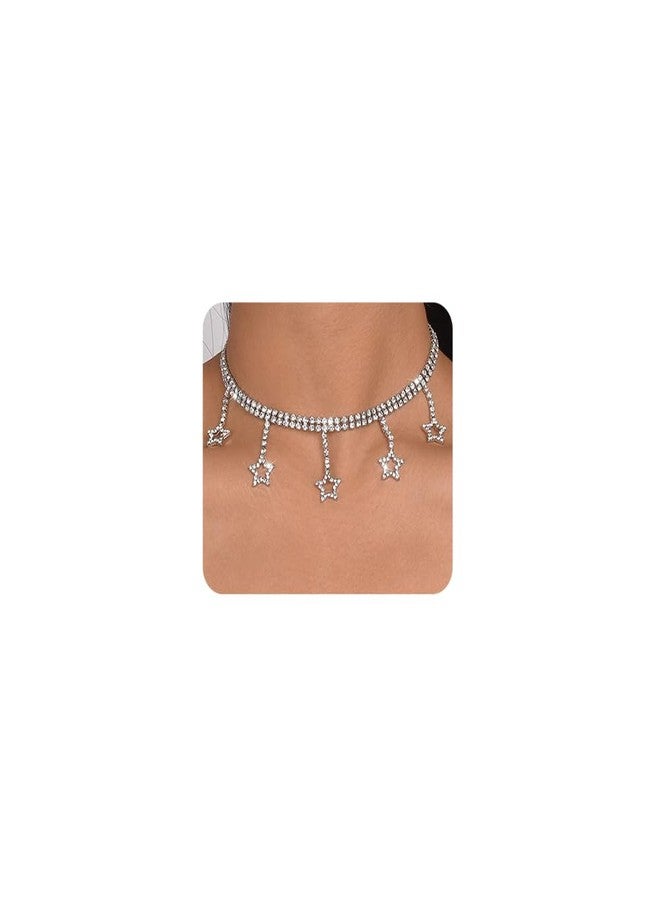 Chargances Sparkly Rhinestone Star Pendant Choker Silver Statement Crystal Necklace Dainty Star Jewerly for Women(Silver) - Image 1