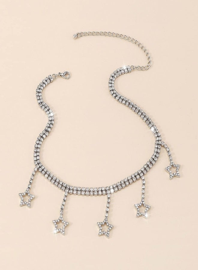Chargances Sparkly Rhinestone Star Pendant Choker Silver Statement Crystal Necklace Dainty Star Jewerly for Women(Silver) - Image 4