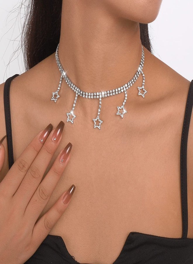 Chargances Sparkly Rhinestone Star Pendant Choker Silver Statement Crystal Necklace Dainty Star Jewerly for Women(Silver) - Image 2