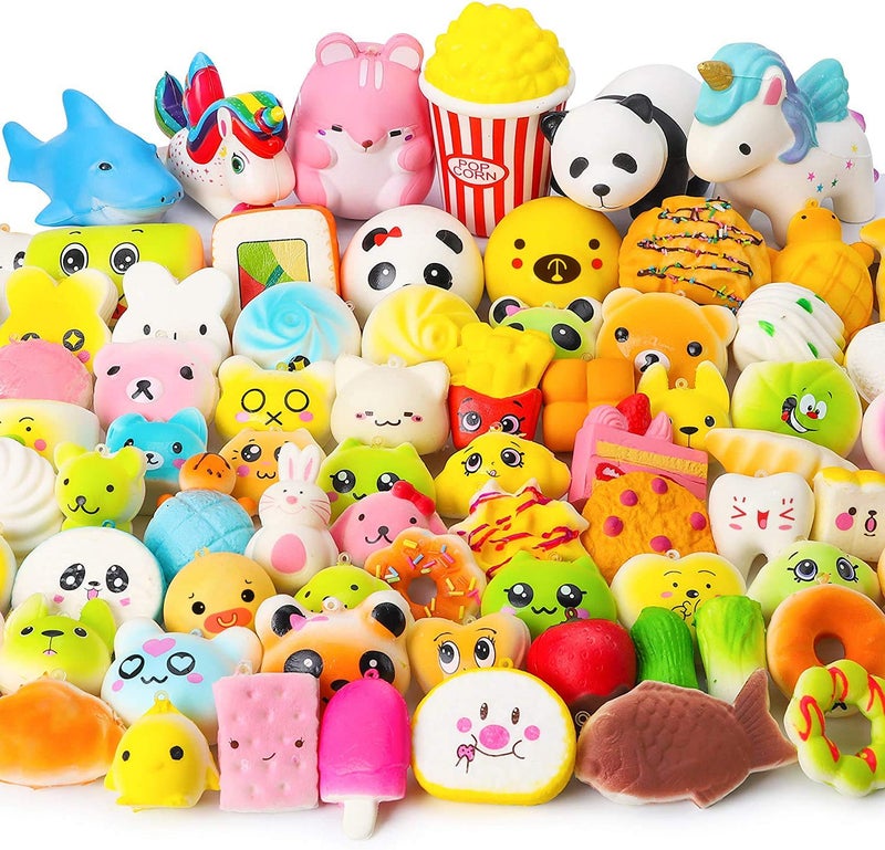 WATINC Random 70Pcs Squeeze Toys, Birthday Gifts for Kids Party Favors, Slow Rising Simulation Bread Squeeze Stress Relief Toys Goodie Bags Egg Filler, Keychain Phone Straps, 1 Jumbo Squeeze Include - Image 1