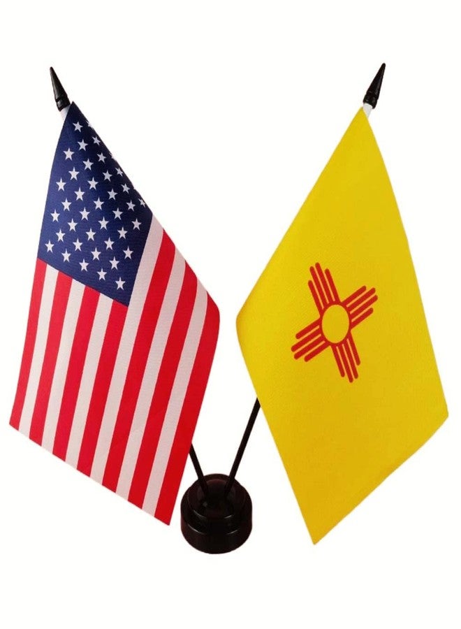 Zigvert America & New Mexico Twin Desk Flag, US New Mexico Table Flags, 8 x 5 Inches American & New Mexico Deluxe Desk Flag Set - Miniature USA & New Mexico Stick Flag with Flag Stand