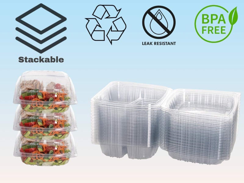 Smygoods Plastic Clamshell Food Containers, (Pack of 50-8x8x3 3/8) 3-Compartment, to go Containers, Hinged Food Container - Image 5