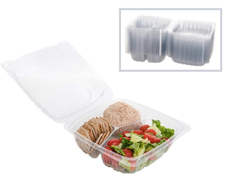 Smygoods Plastic Clamshell Food Containers, (Pack of 50-8x8x3 3/8) 3-Compartment, to go Containers, Hinged Food Container - Image 2