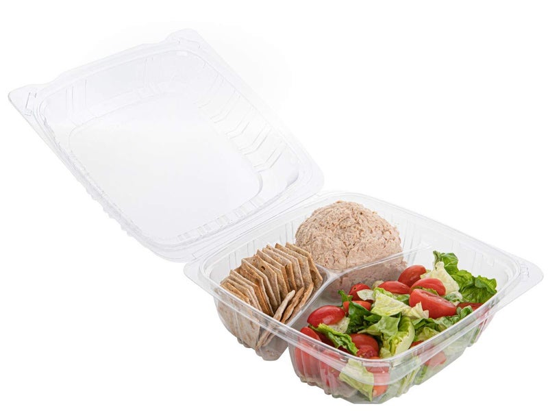 Smygoods Plastic Clamshell Food Containers, (Pack of 50-8x8x3 3/8) 3-Compartment, to go Containers, Hinged Food Container - Image 1