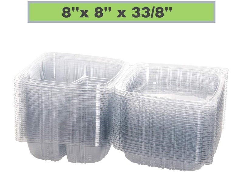 Smygoods Plastic Clamshell Food Containers, (Pack of 50-8x8x3 3/8) 3-Compartment, to go Containers, Hinged Food Container - Image 3