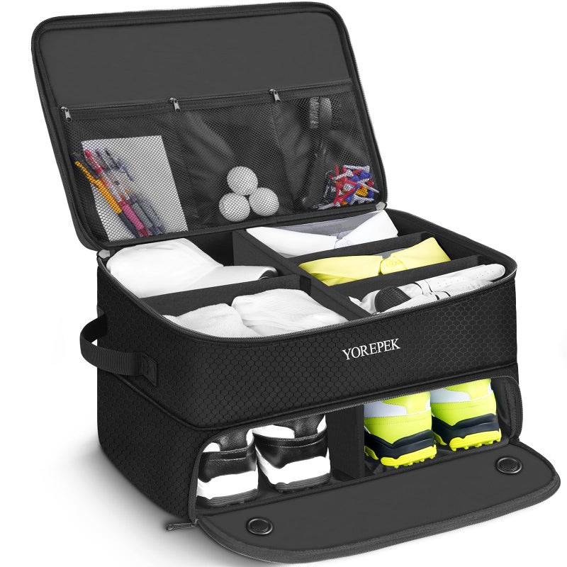 YOREPEK 2 Layer Golf Trunk Organizer, Waterproof Car Golf Locker with Separate Ventilated Compartment for 2 Pair Shoes, Golf Trunk Storage for Balls, Tees, Clothes, Gloves, Accessories, Golf Gifts - Image 1