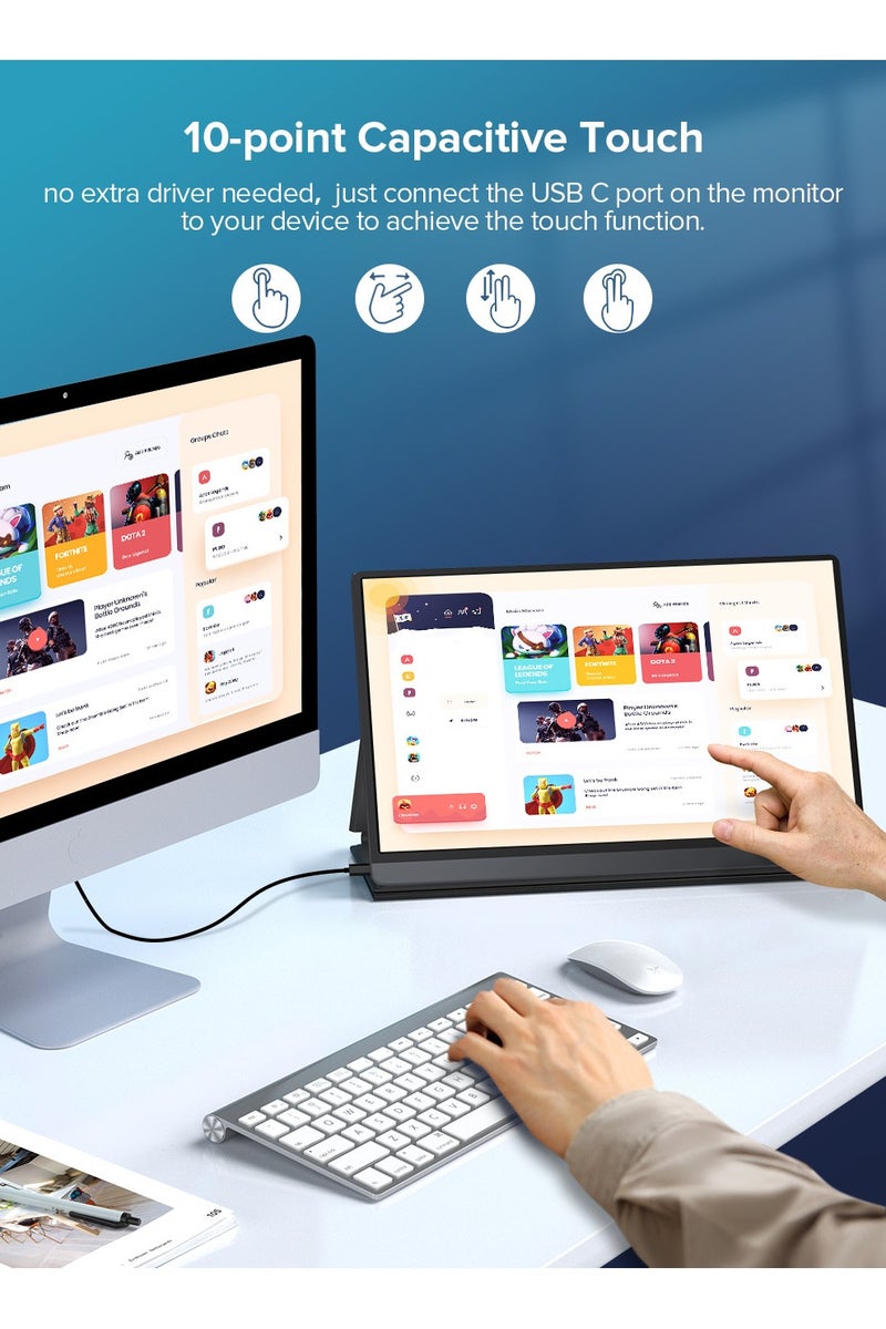 أوبيرفكت شاشة محمولة UPERFECT مقاس 15.6 بوصة 120 هرتز 10 نقاط شاشة تعمل باللمس 1920*1080 FHD IPS منفذ USB C و Mini HDMI شاشة ثانية للكمبيوتر المحمول/الهاتف/جهاز الألعاب، قابلة للتثبيت على VESA - Image 5