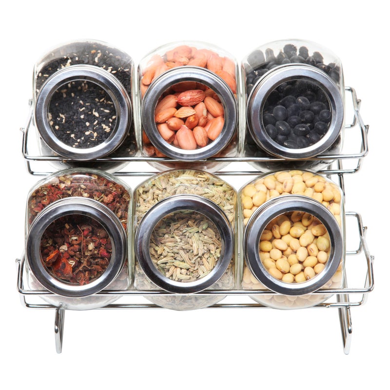 MyGift Set of 6 Round Glass Spice Container (6 oz) with Screw on Metal Lids and 2 Tier Wire Display Rack - Image 4