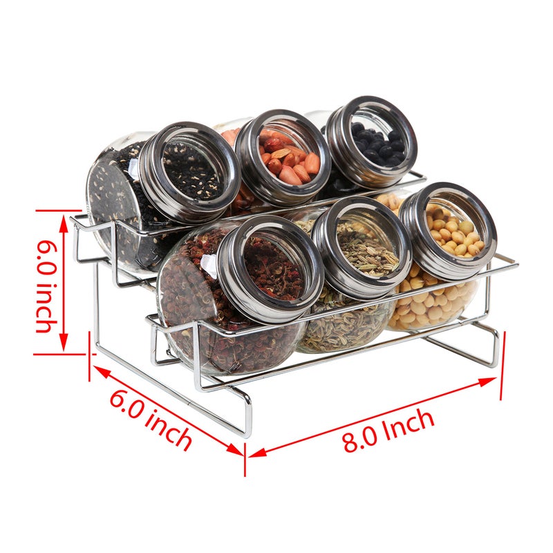 MyGift Set of 6 Round Glass Spice Container (6 oz) with Screw on Metal Lids and 2 Tier Wire Display Rack - Image 3