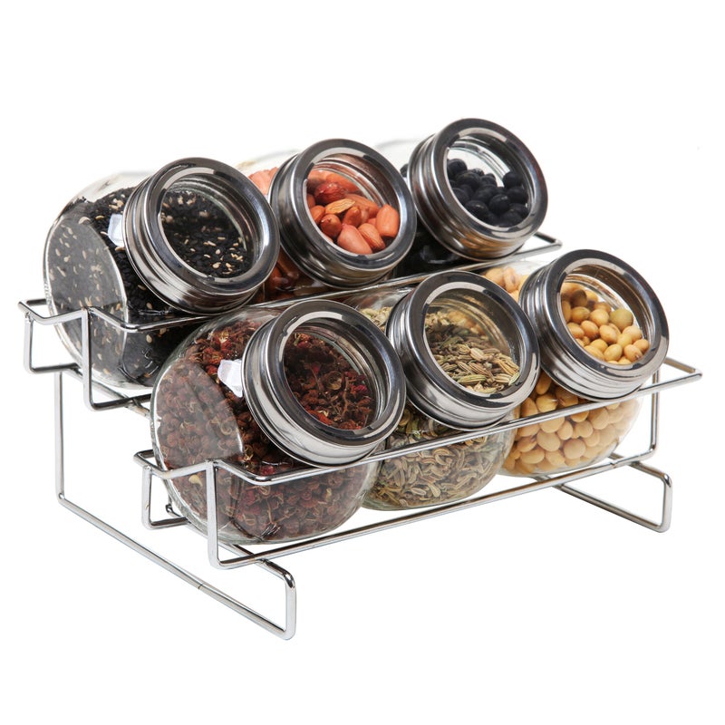 MyGift Set of 6 Round Glass Spice Container (6 oz) with Screw on Metal Lids and 2 Tier Wire Display Rack - Image 1