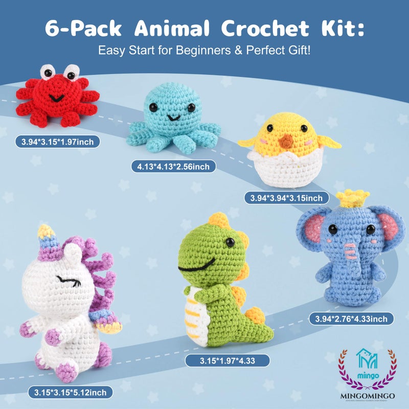 MINGOMINGO Crochet Kit for Beginners - 6 Pack Animals Amigurumi, Craft Knitting Crochet Starter Kits with Step-by-Step Video Tutorials - Animals Knitting Kit (40%+ Yarn) - Image 2