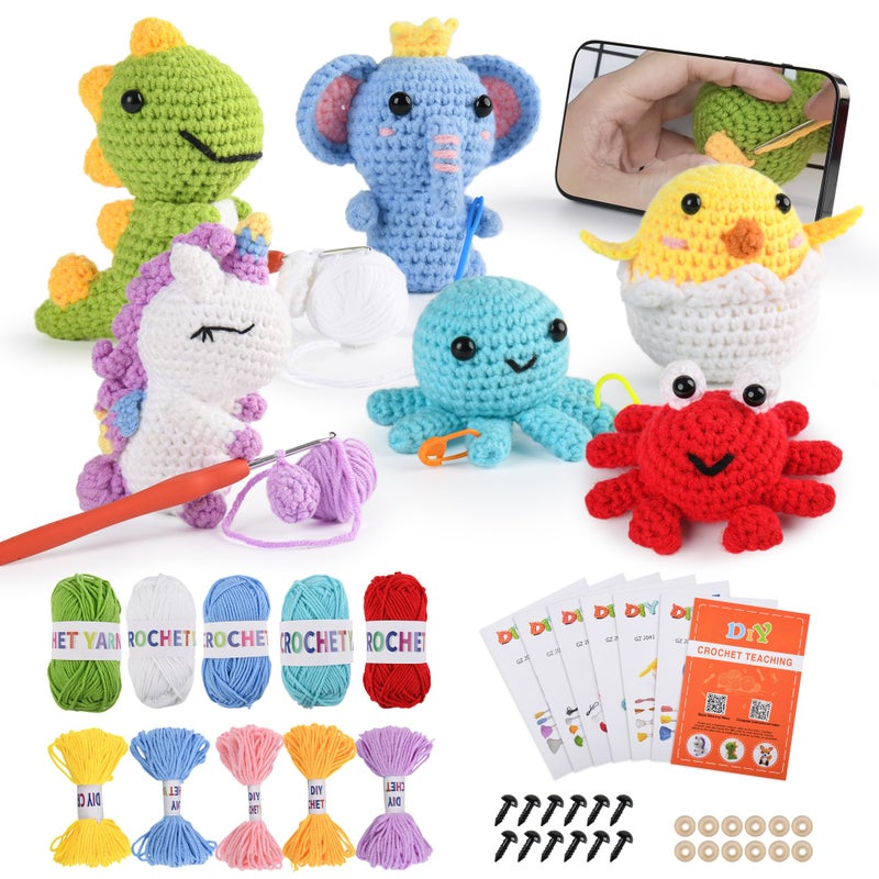 MINGOMINGO Crochet Kit for Beginners - 6 Pack Animals Amigurumi, Craft Knitting Crochet Starter Kits with Step-by-Step Video Tutorials - Animals Knitting Kit (40%+ Yarn) - Image 1