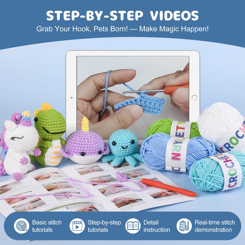 MINGOMINGO Crochet Kit for Beginners - 6 Pack Animals Amigurumi, Craft Knitting Crochet Starter Kits with Step-by-Step Video Tutorials - Animals Knitting Kit (40%+ Yarn) - Image 3