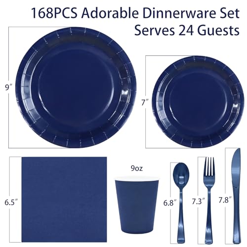 Gudvilla 168Pcs Navy Blue Party Supplies for Navy Blue Party Decorations includes Paper Plates and Napkins Cups Utensils,Blue Disposable Plates Set for Boy Baptism Birthday Graduation Serve 24 Guests - Image 2