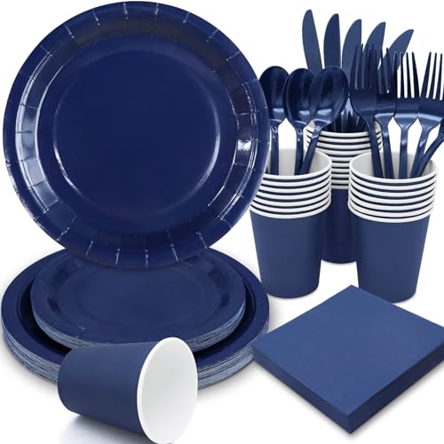 Gudvilla 168Pcs Navy Blue Party Supplies for Navy Blue Party Decorations includes Paper Plates and Napkins Cups Utensils,Blue Disposable Plates Set for Boy Baptism Birthday Graduation Serve 24 Guests - Image 1
