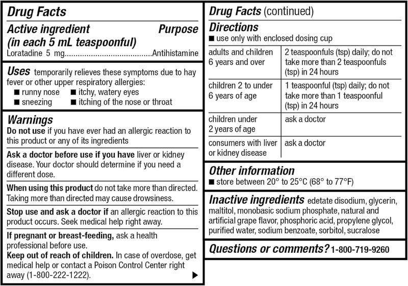 GoodSense Childrens Allergy Medicine 24 Hour Loratadine Oral Solution 5 mg5 mL DyeFree NonDrowsy Antihistamine Grape Flavor Ages 2 and Older 8 oz - Image 3