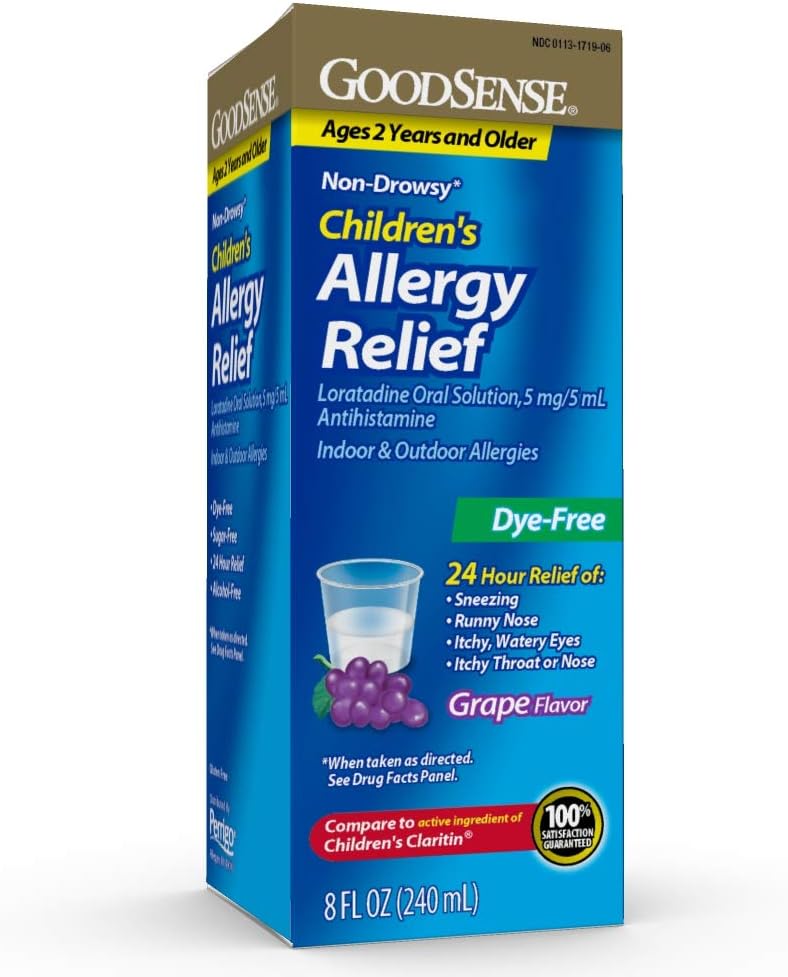 GoodSense Childrens Allergy Medicine 24 Hour Loratadine Oral Solution 5 mg5 mL DyeFree NonDrowsy Antihistamine Grape Flavor Ages 2 and Older 8 oz - Image 1
