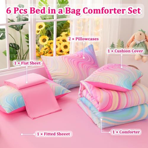 ASKOTU Girls Full Bedding Sets, 6 Pcs Pink Full Szie Comforter Set with Sheets, Tie Dye Superior Blue Pink Rainbow Bedding Set for Girls Kids - Image 2