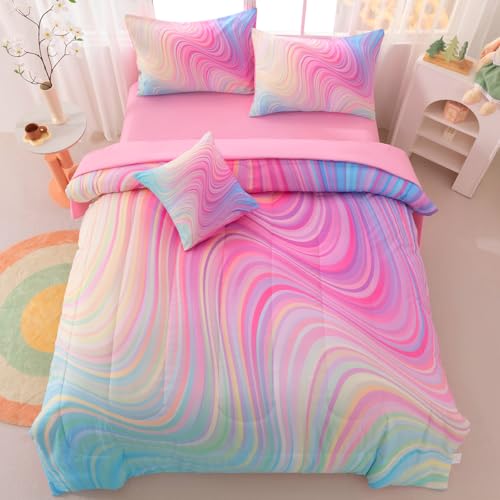 ASKOTU Girls Full Bedding Sets, 6 Pcs Pink Full Szie Comforter Set with Sheets, Tie Dye Superior Blue Pink Rainbow Bedding Set for Girls Kids - Image 5