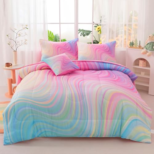 ASKOTU Girls Full Bedding Sets, 6 Pcs Pink Full Szie Comforter Set with Sheets, Tie Dye Superior Blue Pink Rainbow Bedding Set for Girls Kids - Image 1