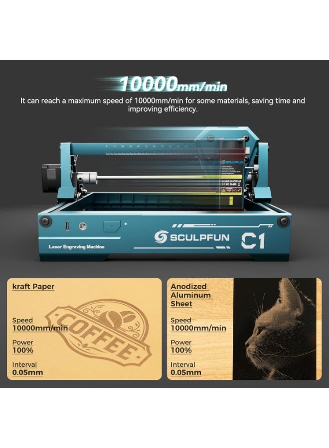 سكلبفون SCULPFUN C1 آلة حفر بالليزر صغيرة، 3 دبليو المحمولة مع بقعة بالغة الدقة 0.04mm، العمل للمبدئين DIY، الخشب الرقاقي، الجلد، ورق حرفي، أرجل، منطقة النقش 150*130 ملم - Image 4