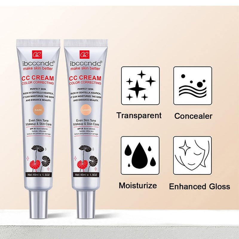 WFWJ كريم تصحيح اللون CC مع SPF 25، أساس تغطية كاملة، سيروم مرطب، تحسين نسيج البشرة، تجنب أضرار الشمس (فاتح، 45 مل) - Image 4