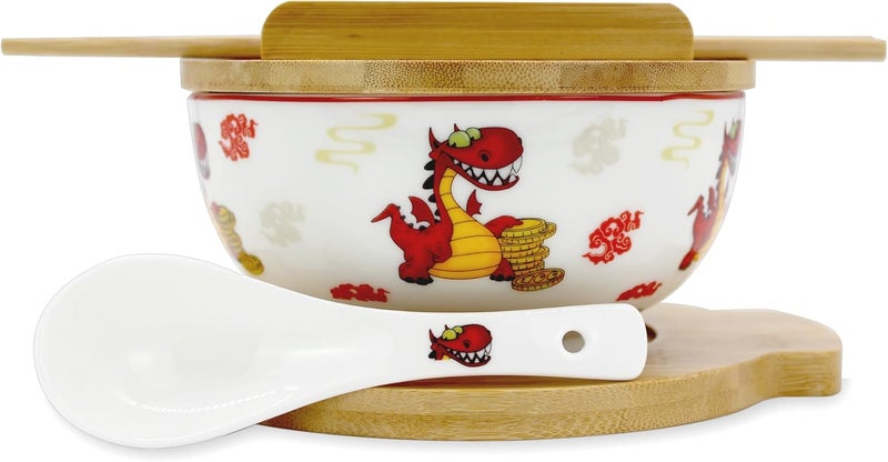 XWORLD XWORLD Japanese Ceramic Ramen Noodle Bowls Set with Ceramic Spoon Bamboo Chopsticks Lid  Trivet Serving Capacity of 20 OZ Microwavable Oven Safety 275 x 575 D Dragon and money - Image 1