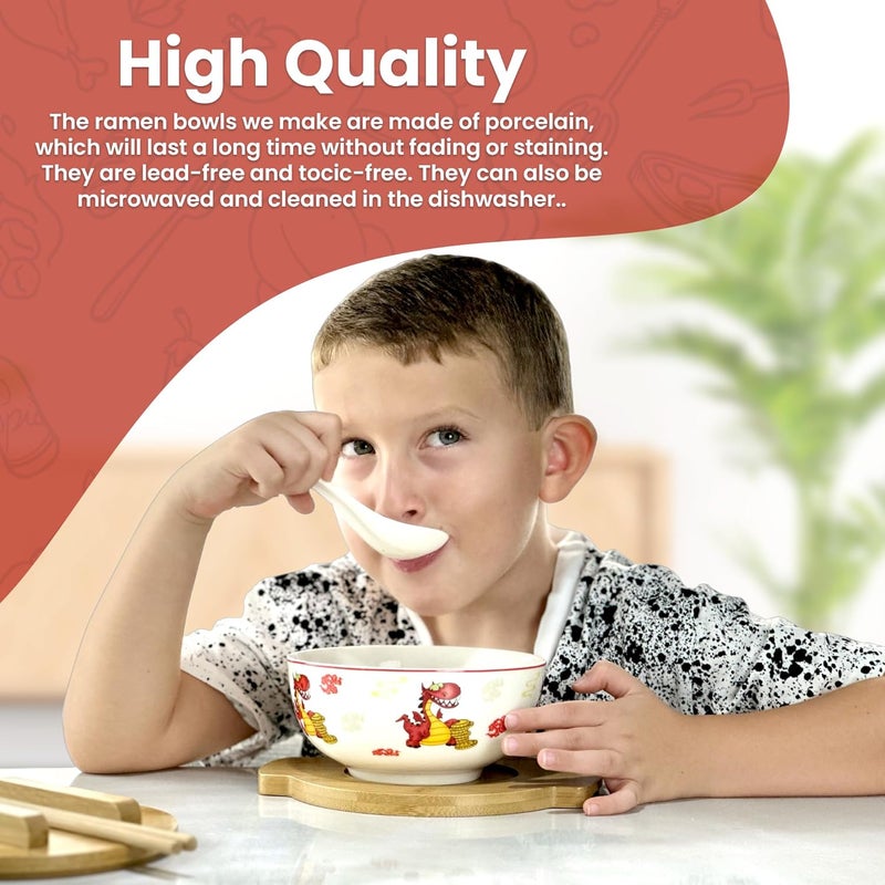 XWORLD XWORLD Japanese Ceramic Ramen Noodle Bowls Set with Ceramic Spoon Bamboo Chopsticks Lid  Trivet Serving Capacity of 20 OZ Microwavable Oven Safety 275 x 575 D Dragon and money - Image 4